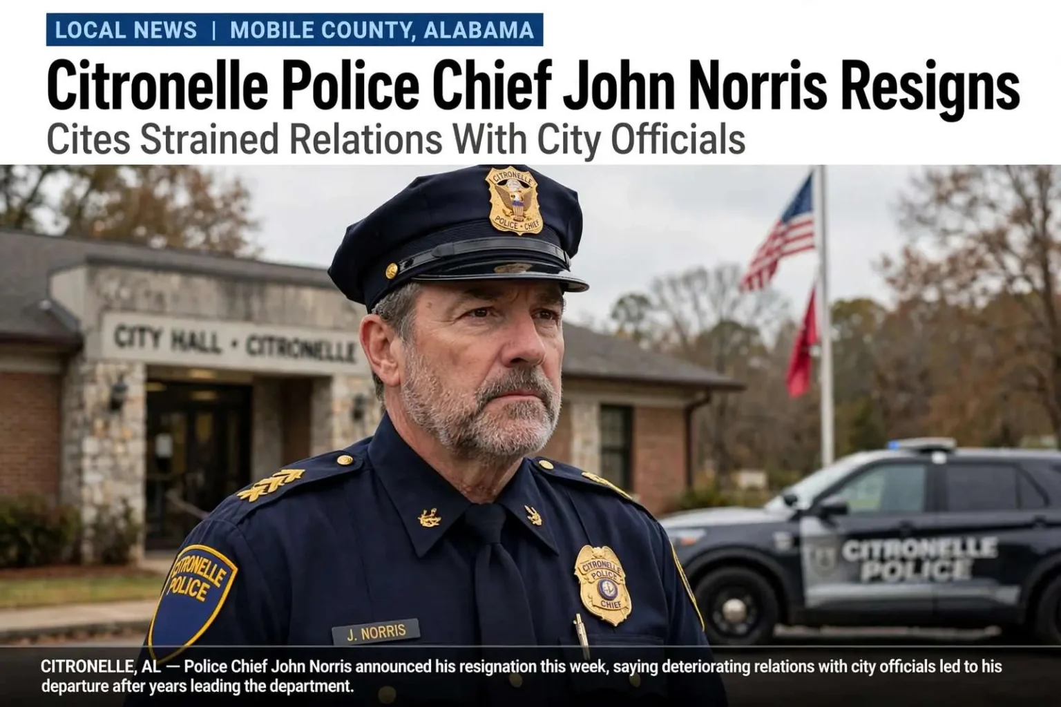 Illustration for the news story: Citronelle Police Chief John Norris Resigns, Cites Strained Relations With City Officials