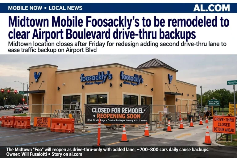 Illustration for the news story: Midtown Mobile Foosackly’s to be remodeled to clear Airport Boulevard drive-thru backups