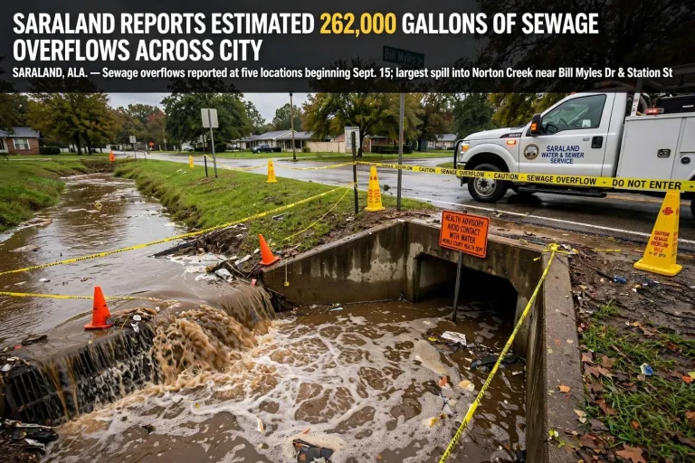 Illustration for the news story: Saraland Reports Estimated 262,000 Gallons of Sewage Overflows Across City