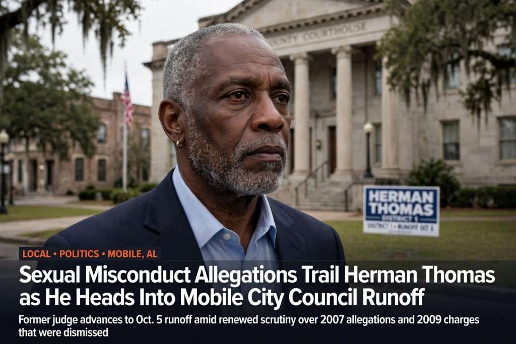 Illustration for the news story: Sexual Misconduct Allegations Trail Herman Thomas as He Heads Into Mobile City Council Runoff