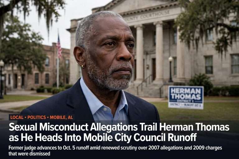 Illustration for the news story: Sexual Misconduct Allegations Trail Herman Thomas as He Heads Into Mobile City Council Runoff