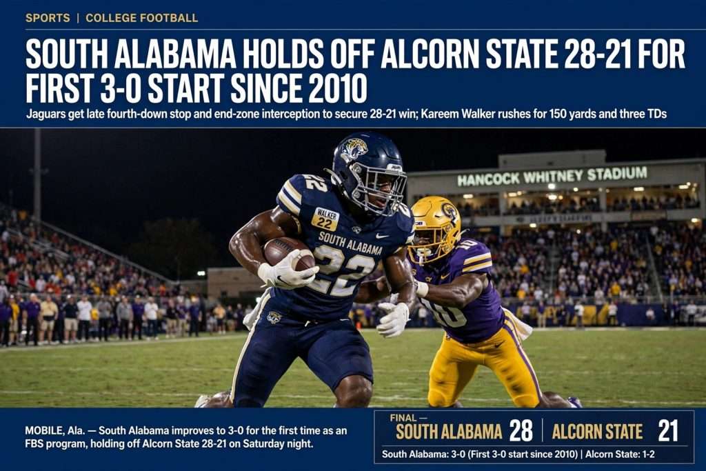 Illustration for the news story: South Alabama Holds Off Alcorn State 28-21 for First 3-0 Start Since 2010