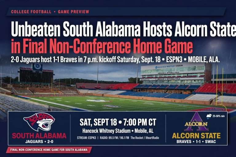 Illustration for the news story: Unbeaten South Alabama Hosts Alcorn State in Final Non-Conference Home Game