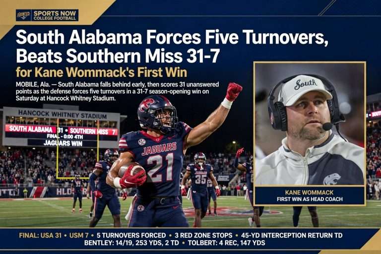 Illustration for the news story: South Alabama Forces Five Turnovers, Beats Southern Miss 31-7 for Kane Wommack’s First Win