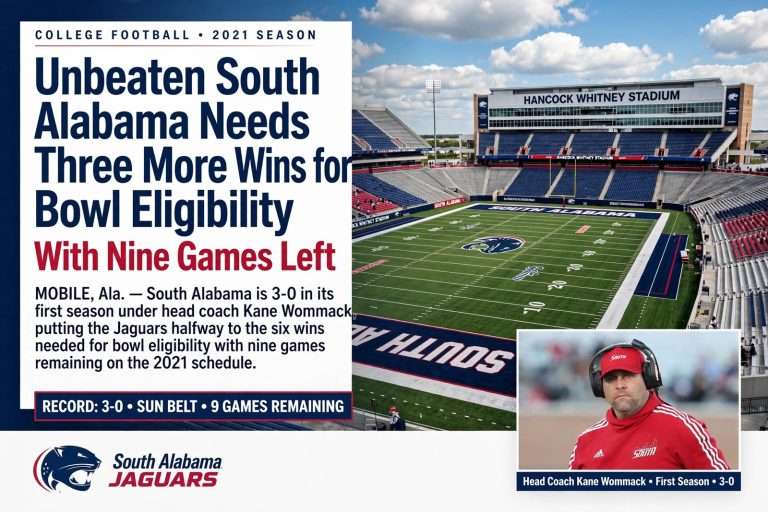 Illustration for the news story: Unbeaten South Alabama Needs Three More Wins for Bowl Eligibility With Nine Games Left