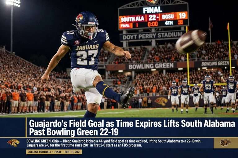 Illustration for the news story: Guajardo’s Field Goal as Time Expires Lifts South Alabama Past Bowling Green 22-19