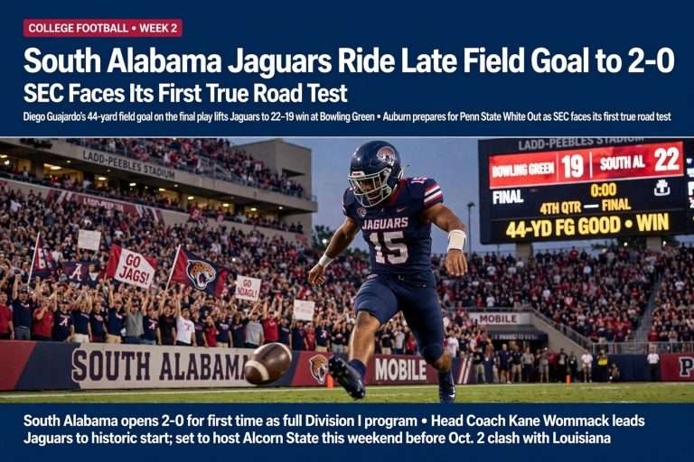 Illustration for the news story: South Alabama Jaguars Ride Late Field Goal to 2-0 Start as SEC Faces Its First True Road Test
