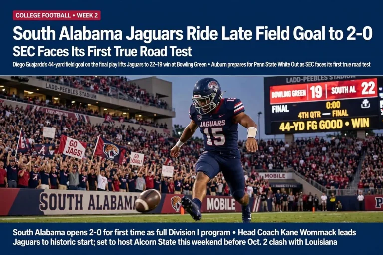 Illustration for the news story: South Alabama Jaguars Ride Late Field Goal to 2-0 Start as SEC Faces Its First True Road Test