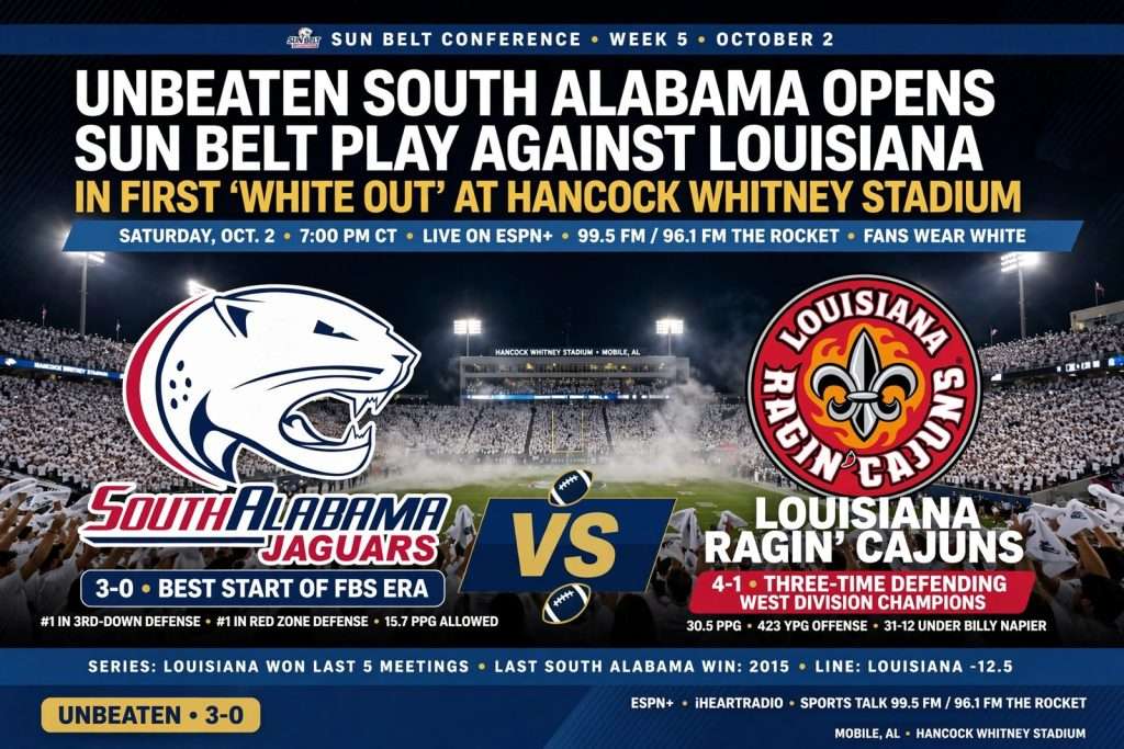 Illustration for the news story: Unbeaten South Alabama Opens Sun Belt Play Against Louisiana in First ‘White Out’