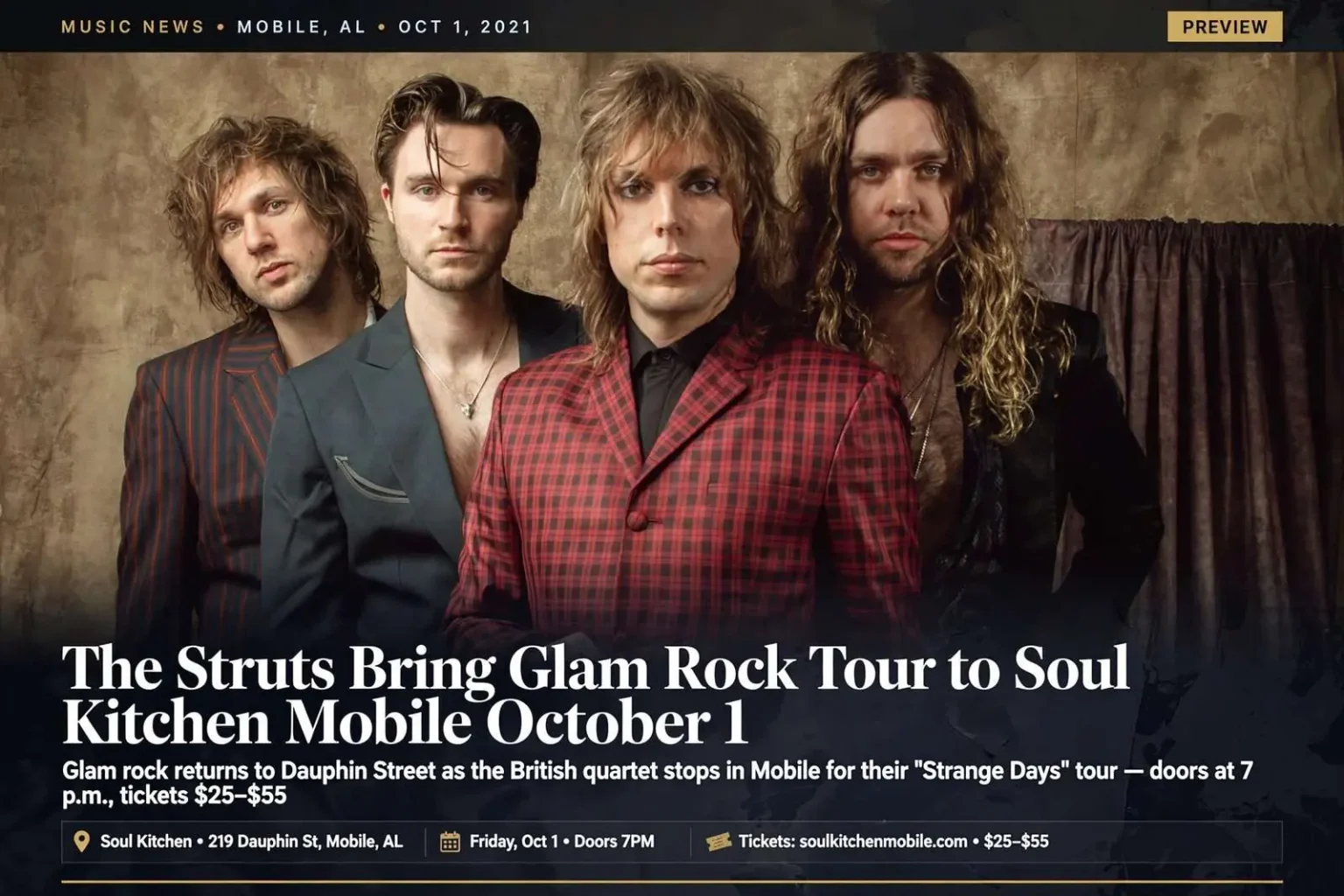 Illustration for the news story: The Struts Bring Glam Rock Tour to Soul Kitchen Mobile October 1