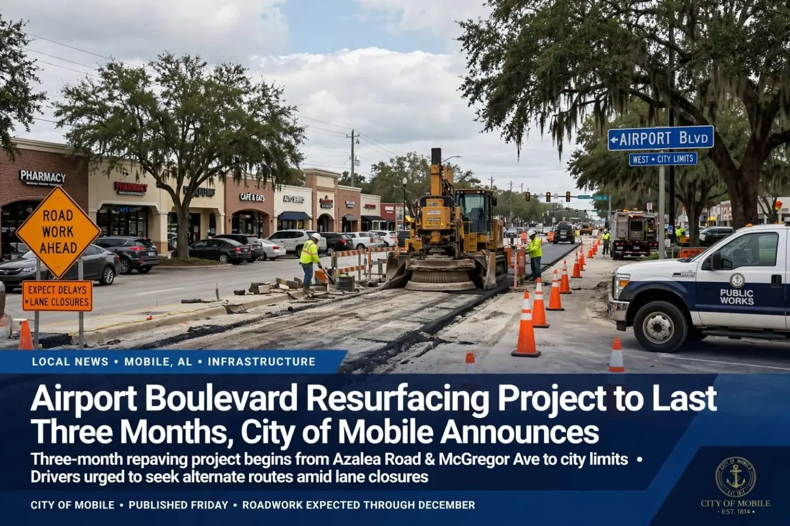 Illustration for the news story: Airport Boulevard Resurfacing Project to Last Three Months, City of Mobile Announces