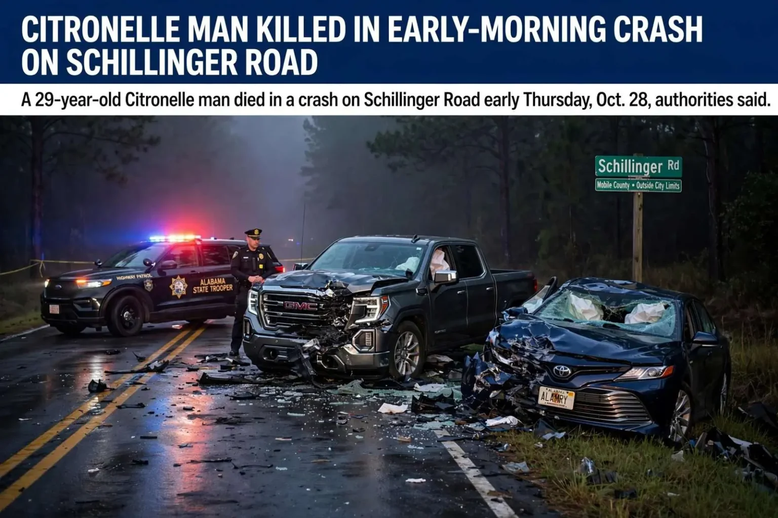 Illustration for the news story: Citronelle Man Killed in Early-Morning Crash on Schillinger Road