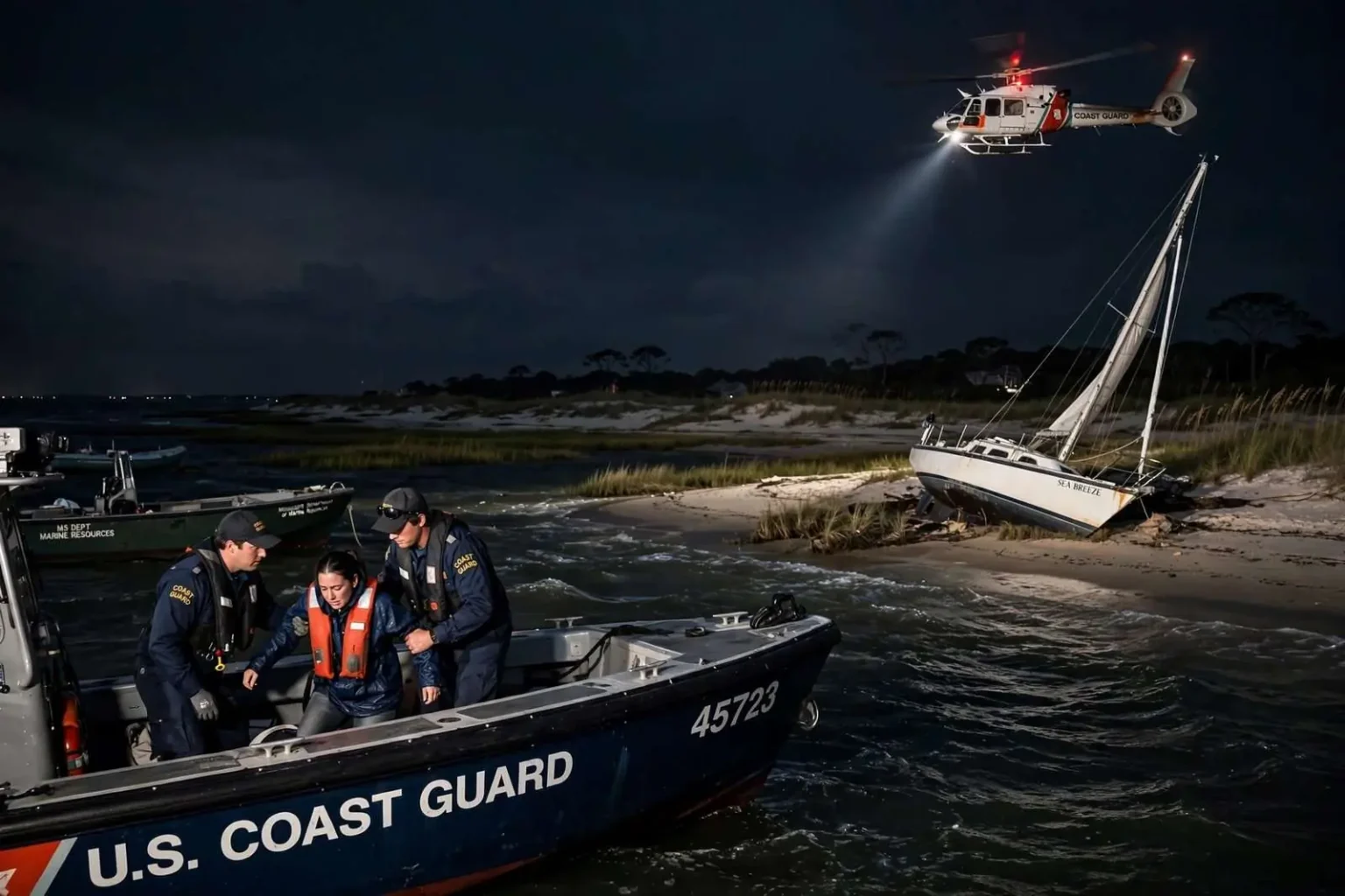 Illustration for the news story: Coast Guard Rescues Woman After Sailboat Runs Aground Near Petit Bois Island