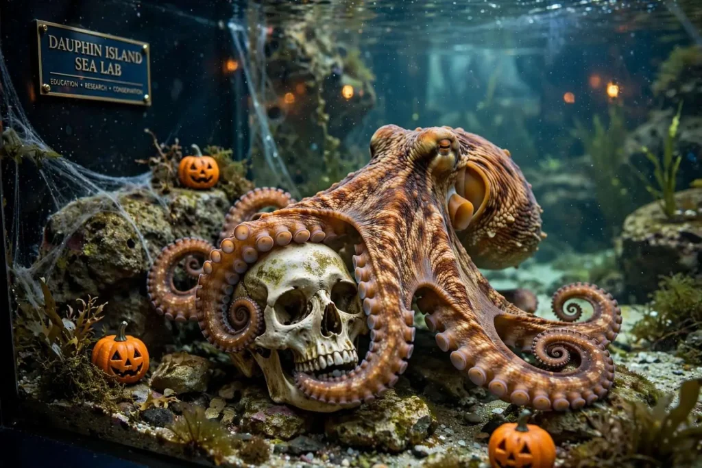 Illustration for the news story: Dauphin Island Sea Lab’s Octopus Gets Into the Halloween Spirit