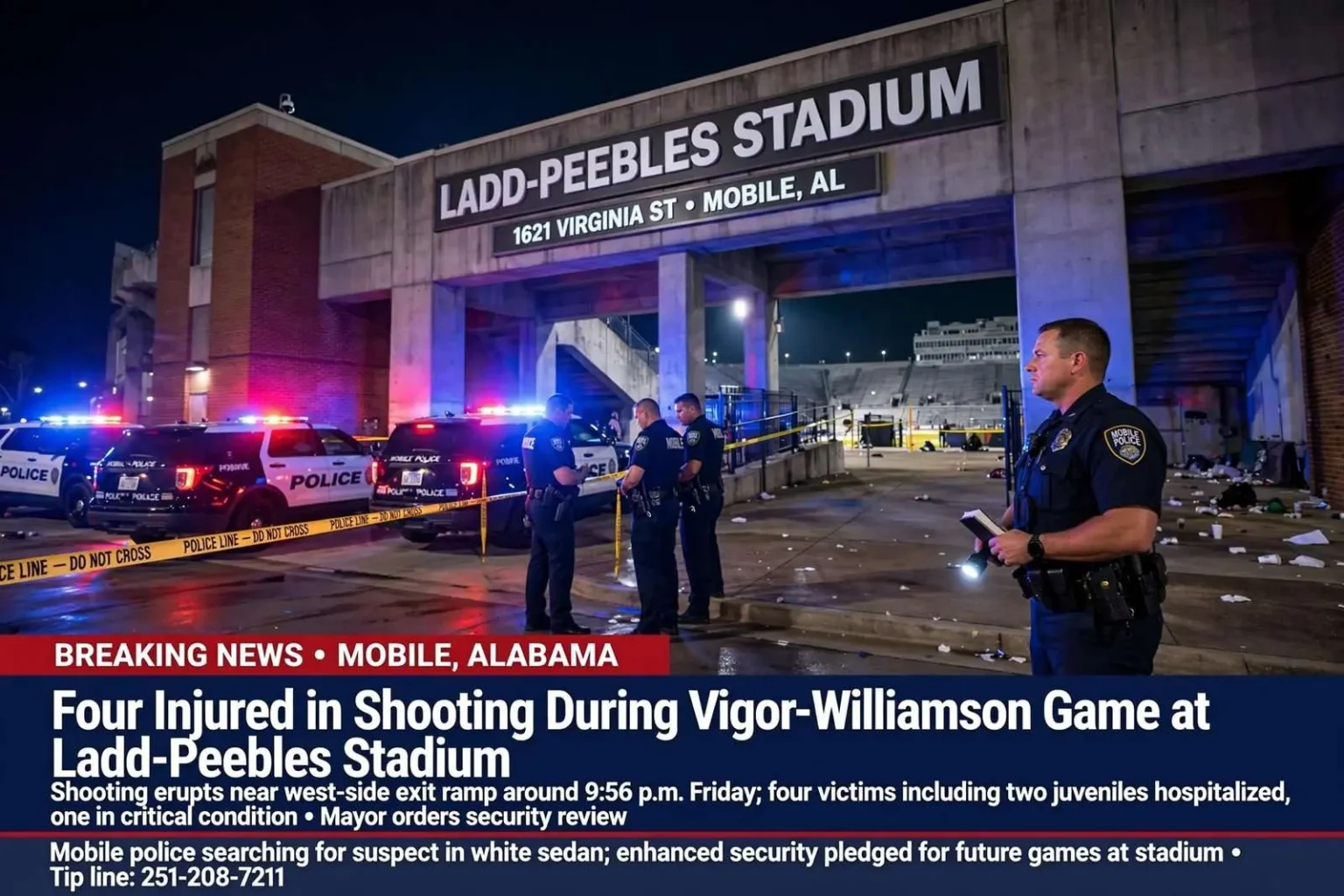 Illustration for the news story: Four Injured in Shooting During Vigor-Williamson Game at Ladd-Peebles Stadium