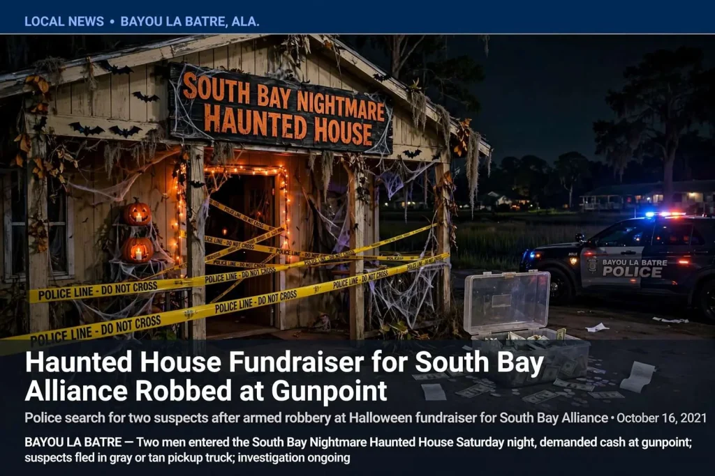 Illustration for the news story: Haunted House Fundraiser for South Bay Alliance Robbed at Gunpoint in Bayou La Batre