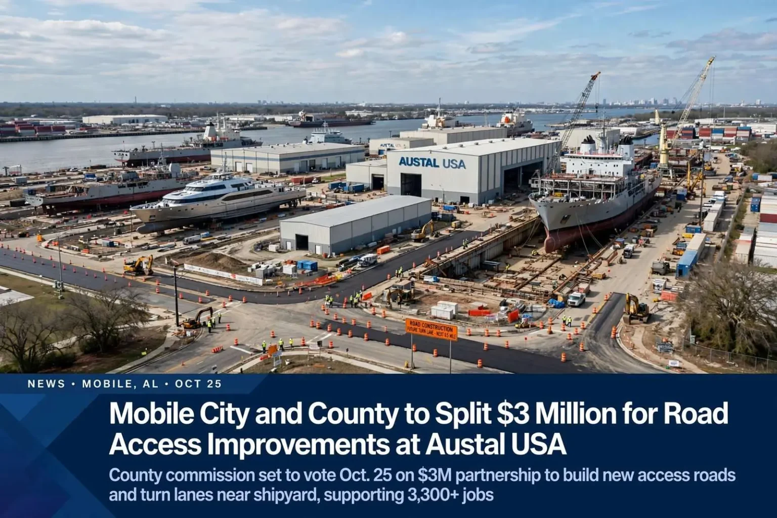 Illustration for the news story: Mobile City and County to Split $3 Million for Road Access Improvements at Austal USA