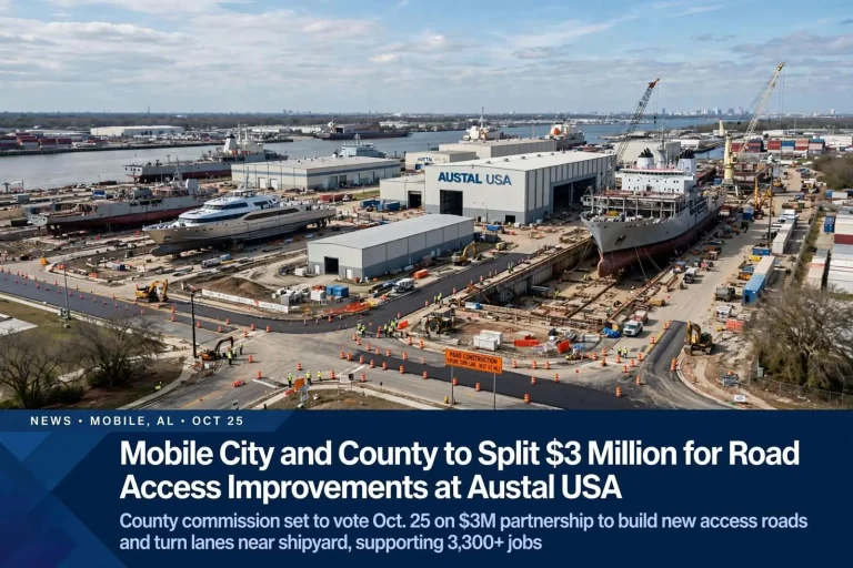Illustration for the news story: Mobile City and County to Split $3 Million for Road Access Improvements at Austal USA