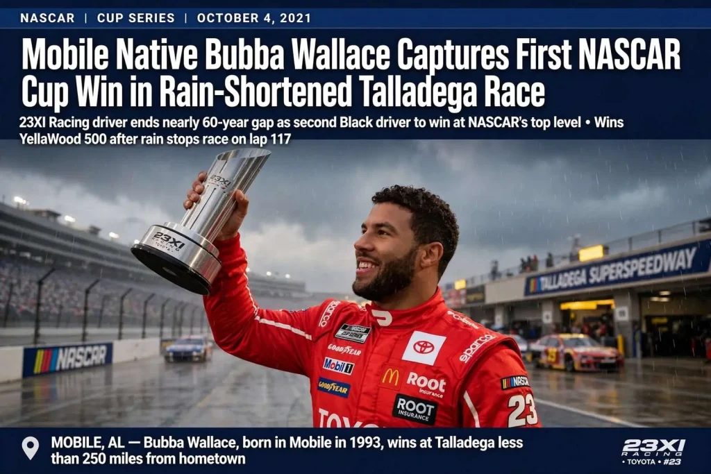 Illustration for the news story: Mobile Native Bubba Wallace Captures First NASCAR Cup Win in Rain-Shortened Talladega Race
