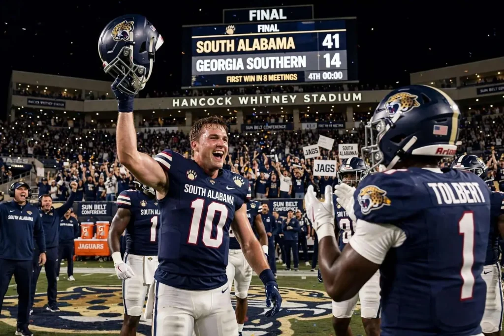 Illustration for the news story: South Alabama dominates Georgia Southern 41-14 for first win over Eagles in eight tries