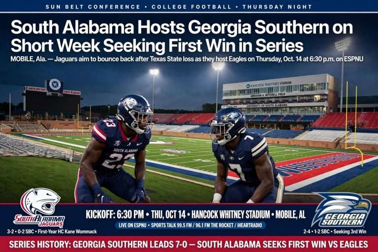 Illustration for the news story: South Alabama Hosts Georgia Southern on Short Week Seeking First Win in Series