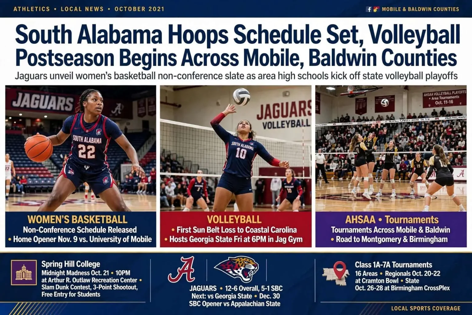 Illustration for the news story: South Alabama Hoops Schedule Set, Volleyball Postseason Begins Across Mobile, Baldwin Counties