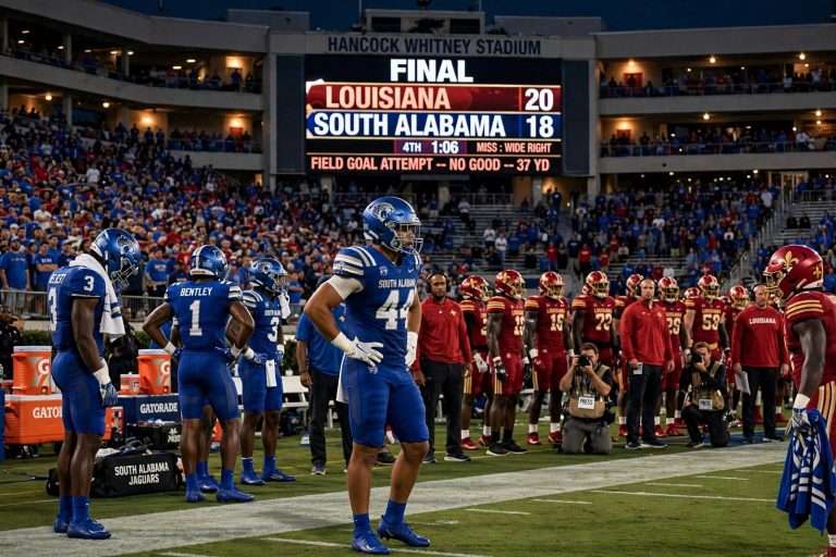 Illustration for the news story: South Alabama Rally Falls Short as Late Field Goal Misses in 20-18 Loss to Louisiana