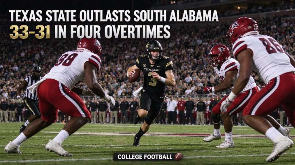 Illustration for the news story: Texas State Outlasts South Alabama 33-31 in Four Overtimes