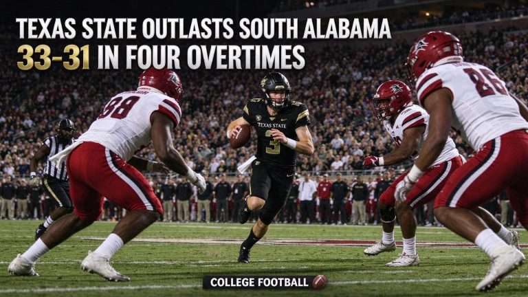 Illustration for the news story: Texas State Outlasts South Alabama 33-31 in Four Overtimes