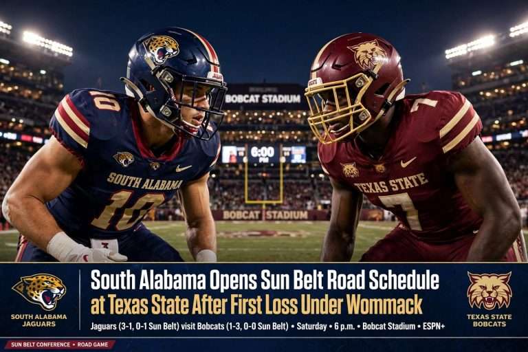 Illustration for the news story: South Alabama Opens Sun Belt Road Schedule at Texas State After First Loss Under Wommack