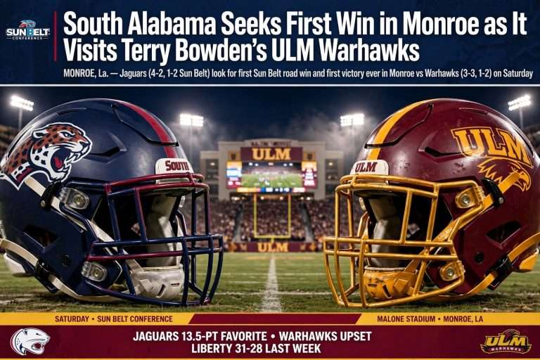 Illustration for the news story: South Alabama Seeks First Win in Monroe as It Visits Terry Bowden’s ULM Warhawks