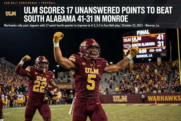 Illustration for the news story: ULM Scores 17 Unanswered Points to Beat South Alabama 41-31 in Monroe