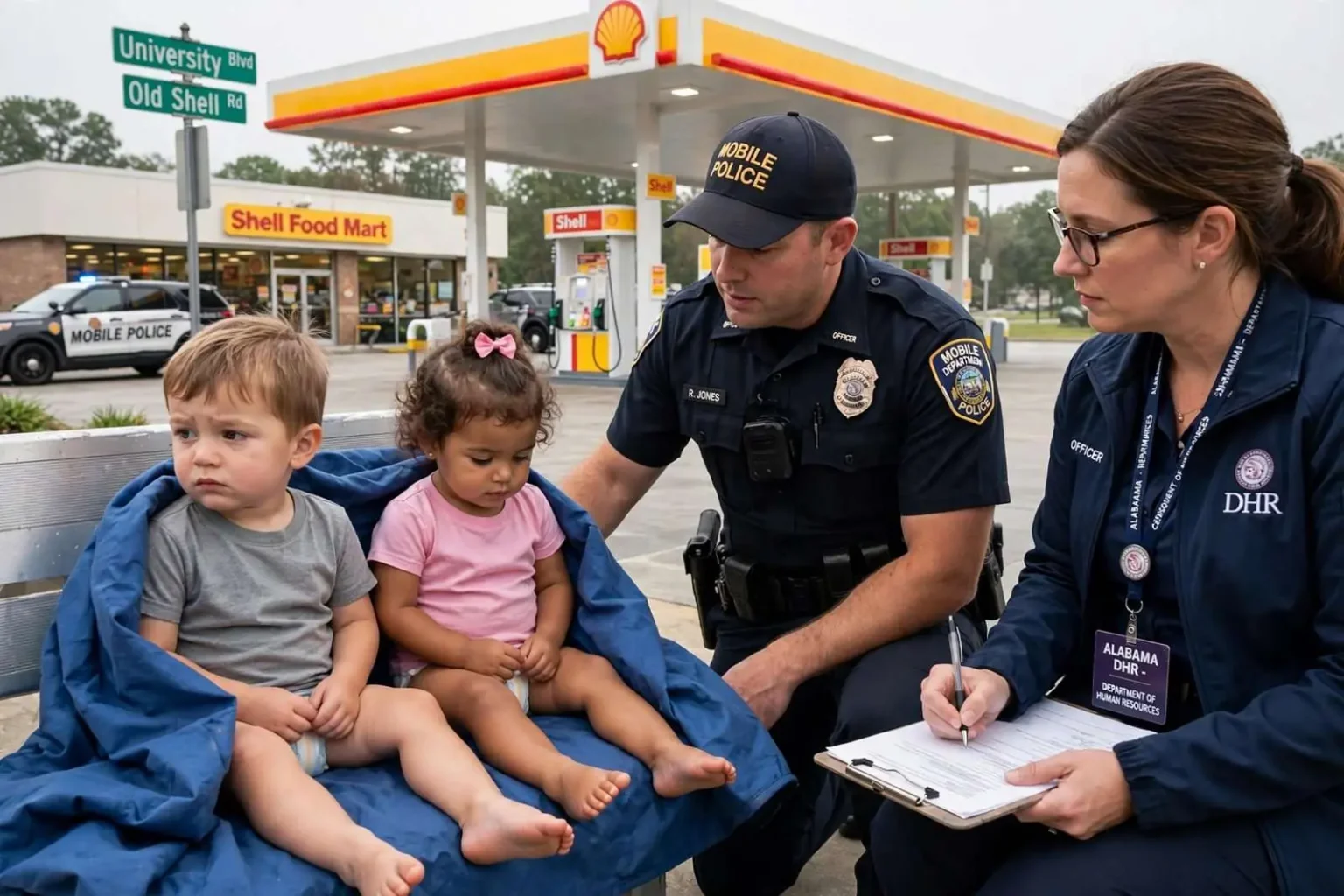 Illustration for the news story: Two toddlers found wandering near Mobile gas station; police and DHR investigating