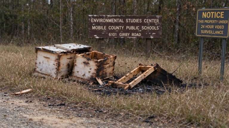 Illustration for the news story: Vandals Destroy Beehives at Mobile’s Environmental Studies Center