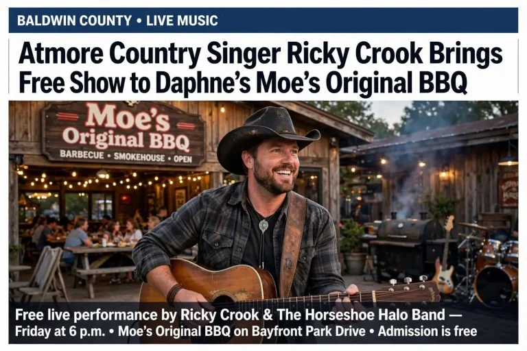 Illustration for the news story: Atmore Country Singer Ricky Crook Brings Free Show to Daphne’s Moe’s Original BBQ