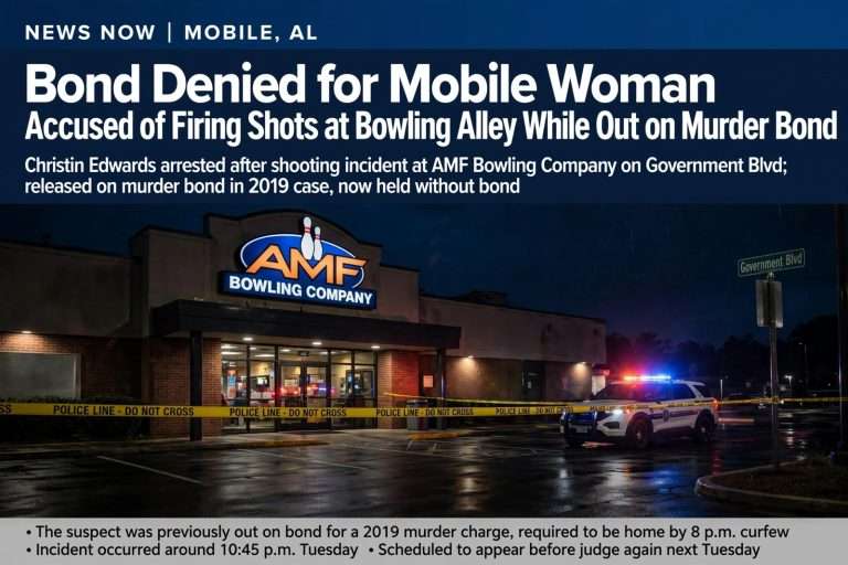 Illustration for the news story: Bond Denied for Mobile Woman Accused of Firing Shots at Bowling Alley While Out on Murder Bond