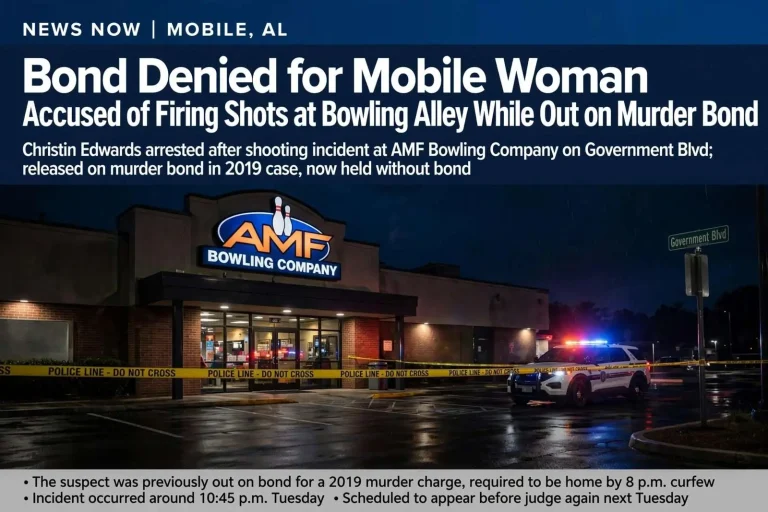 Illustration for the news story: Bond Denied for Mobile Woman Accused of Firing Shots at Bowling Alley While Out on Murder Bond