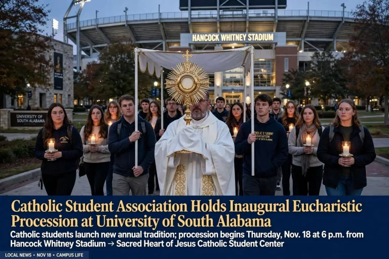 Illustration for the news story: Catholic Student Association Holds Inaugural Eucharistic Procession at University of South Alabama