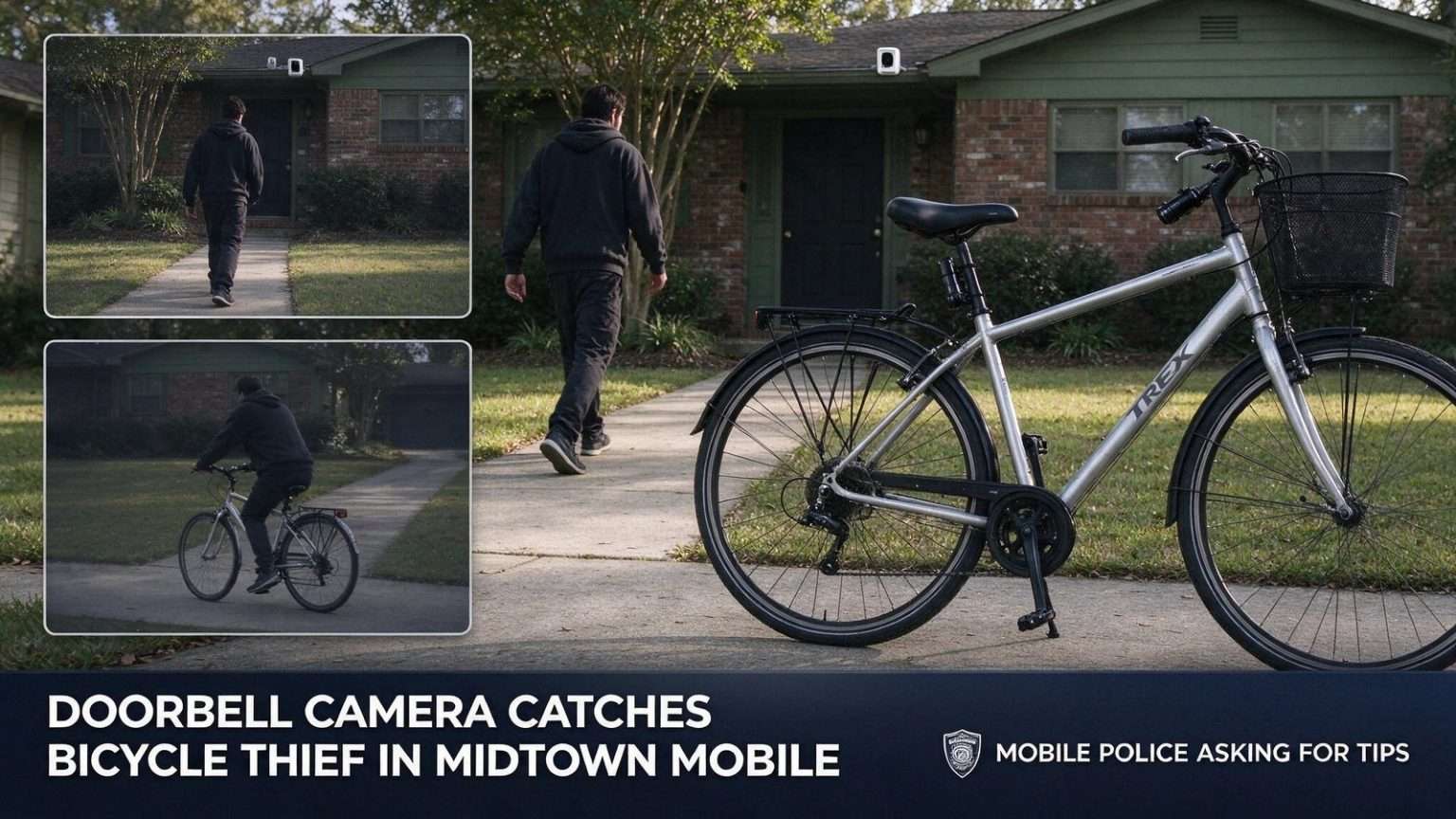 Illustration for the news story: Doorbell Camera Catches Bicycle Thief in Midtown Mobile