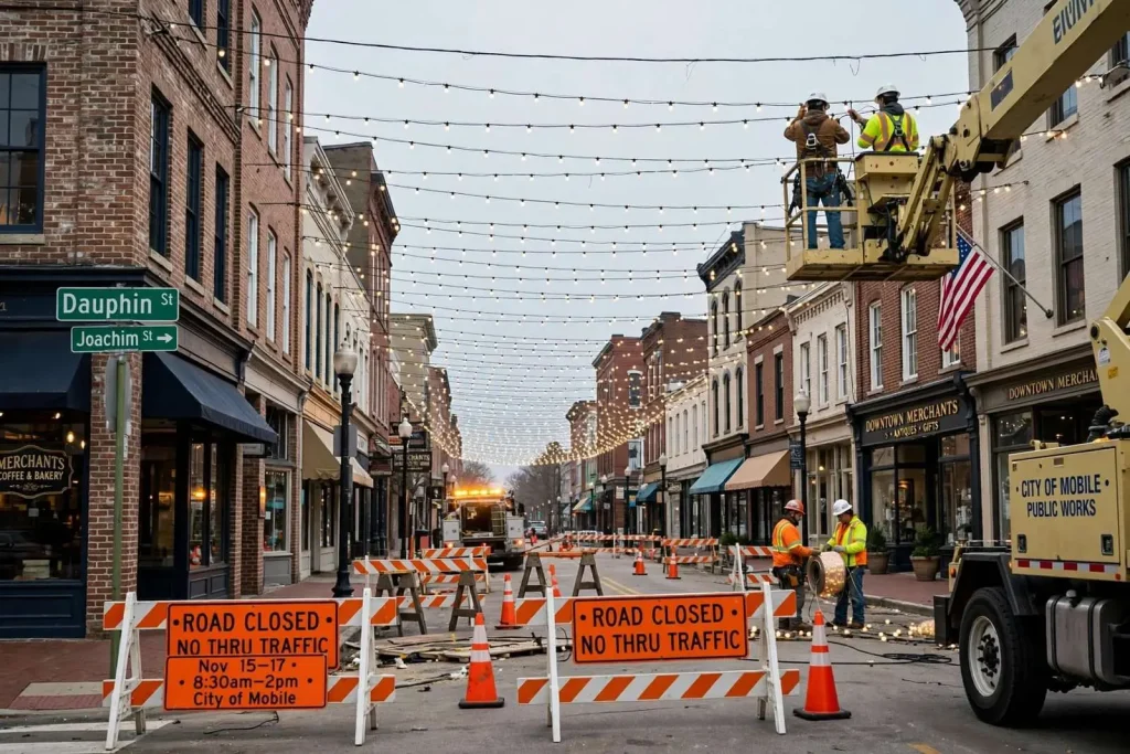 Illustration for the news story: Downtown Mobile Closes Block of Dauphin Street to Hang Holiday Ceiling of Lights