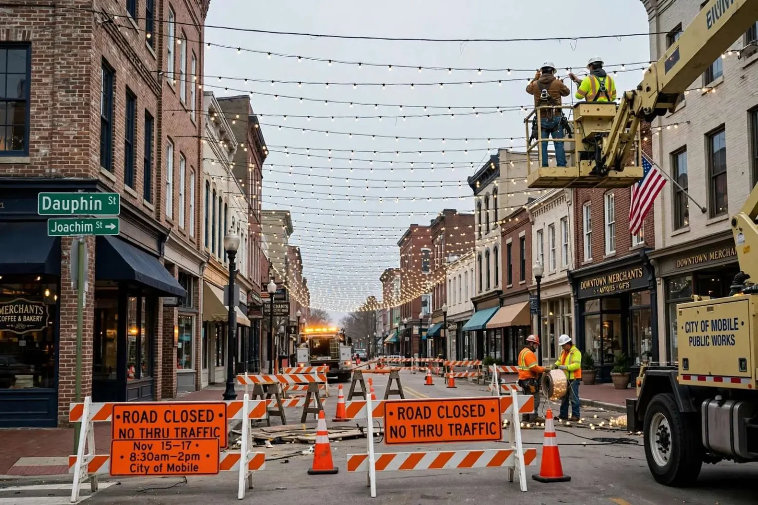 Illustration for the news story: Downtown Mobile Closes Block of Dauphin Street to Hang Holiday Ceiling of Lights