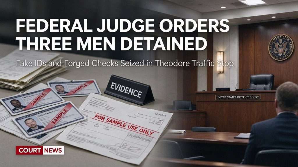 Illustration for the news story: Federal Judge Orders Three Men Detained in Theodore Fake ID and Forged Check Case