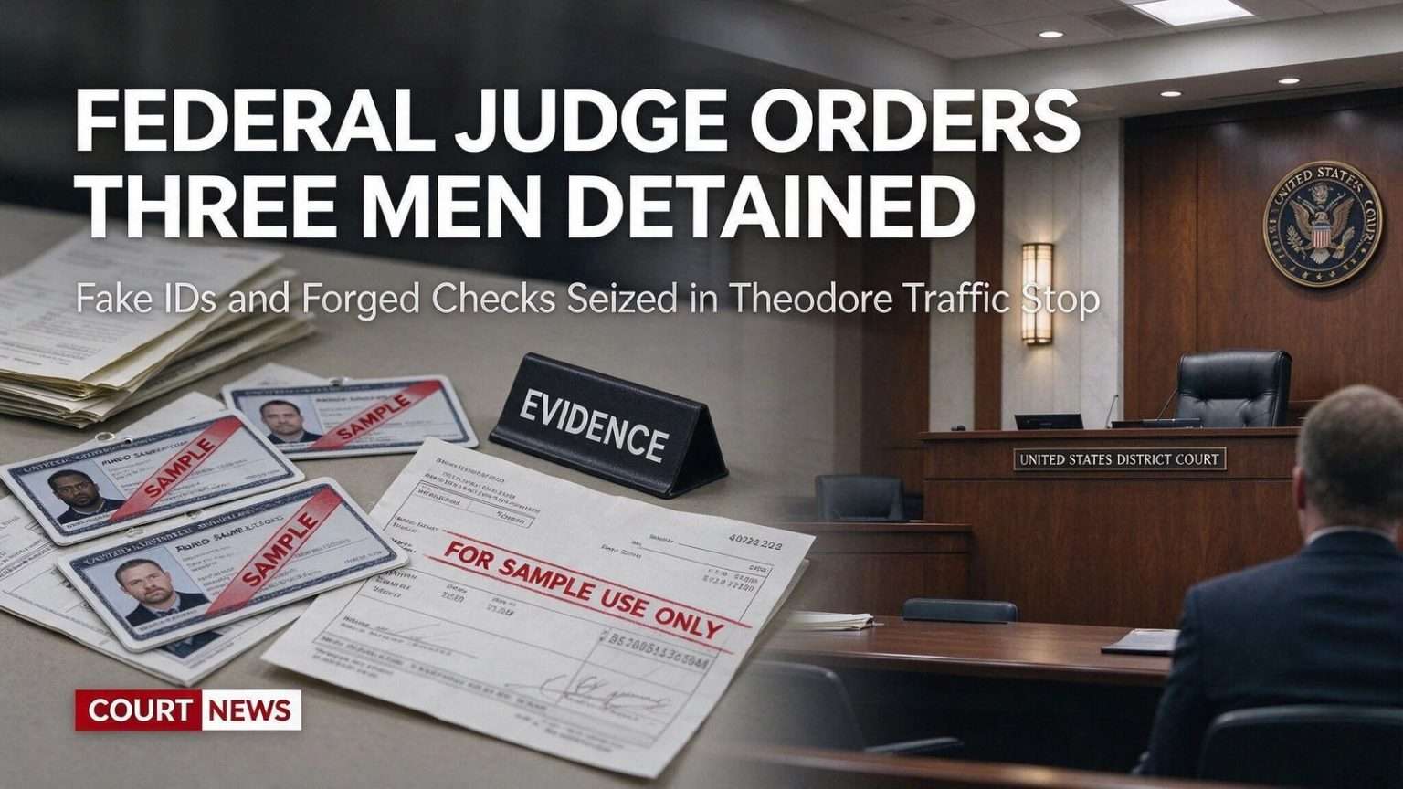 Illustration for the news story: Federal Judge Orders Three Men Detained in Theodore Fake ID and Forged Check Case