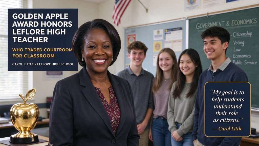 Illustration for the news story: Golden Apple Award honors LeFlore High teacher who traded courtroom for classroom