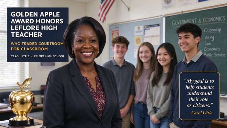 Illustration for the news story: Golden Apple Award honors LeFlore High teacher who traded courtroom for classroom