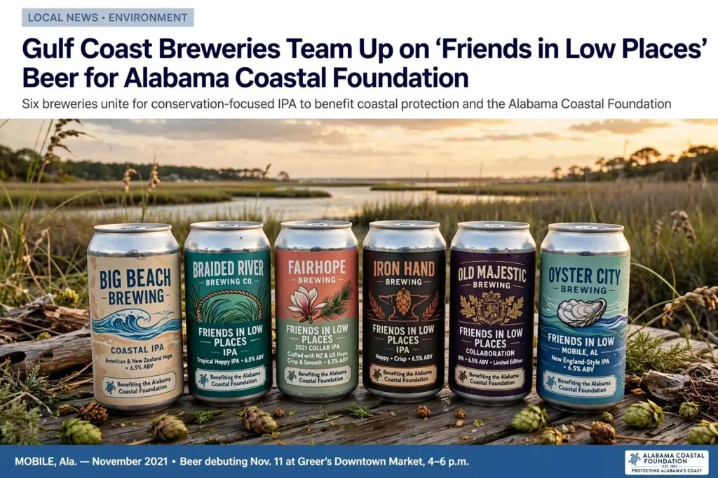 Illustration for the news story: Gulf Coast breweries team up on ‘Friends in Low Places’ beer for Alabama Coastal Foundation