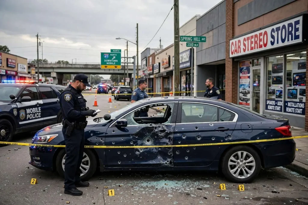 Illustration for the news story: Gunshot Victim Found in Bullet-Riddled Car After Police Chase on Spring Hill Avenue