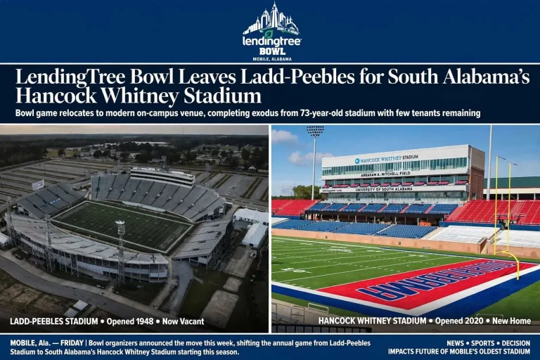 Illustration for the news story: LendingTree Bowl Leaves Ladd-Peebles for South Alabama’s Hancock Whitney Stadium