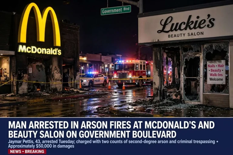 Illustration for the news story: Man Arrested in Arson Fires at McDonald’s and Beauty Salon on Government Boulevard