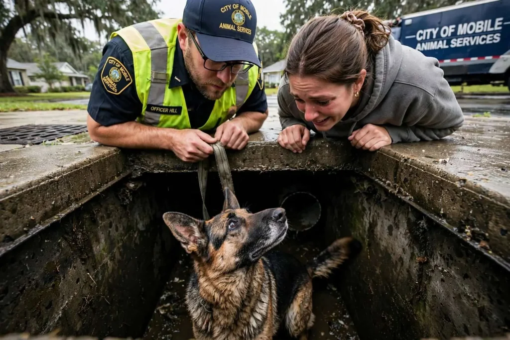 Illustration for the news story: Missing German Shepherd Rescued From Mobile Storm Drain After Three Weeks